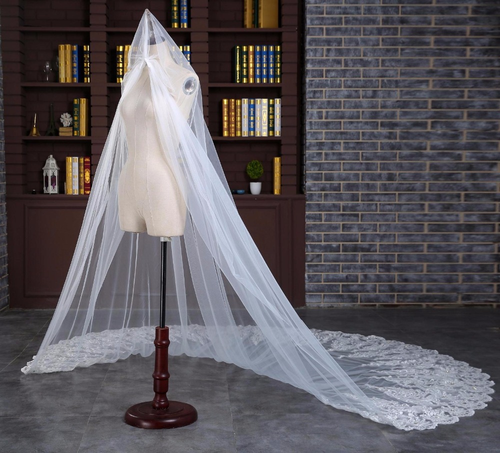 velo nupcial 4 M de una capa con peine, tul, borde de encaje con cuentas, velo de boda con accesorios de cristal de boda