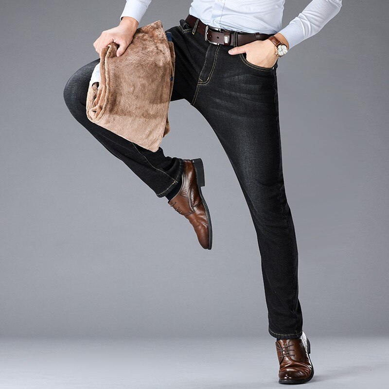 Jean extensible en flanelle thermique pour homme, pantalon droit en polaire, coupe droite, collection automne et hiver