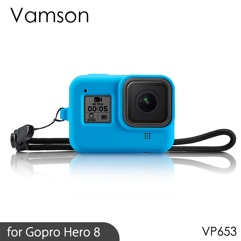 Vamson Zachte Siliconen Rubber Frame Beschermhoes Verstelbare Polsband Voor Gopro Hero 8 Zwart Camera Accessoires Blauw VP653