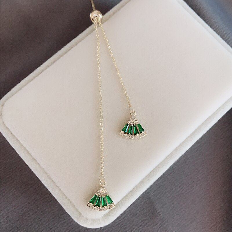 Luxury Female Green Zircon Fan Shape Pendant Necklaces For Women Jewelry