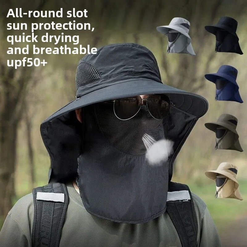 Sommer-Sonnenhüte mit breiter Krempe, mit Gesichtsmaske und Nackenklappe, 360-Grad-Sonnenschutz, Fischerkappe, draussen, Angeln, Radfahren, Eimerhut