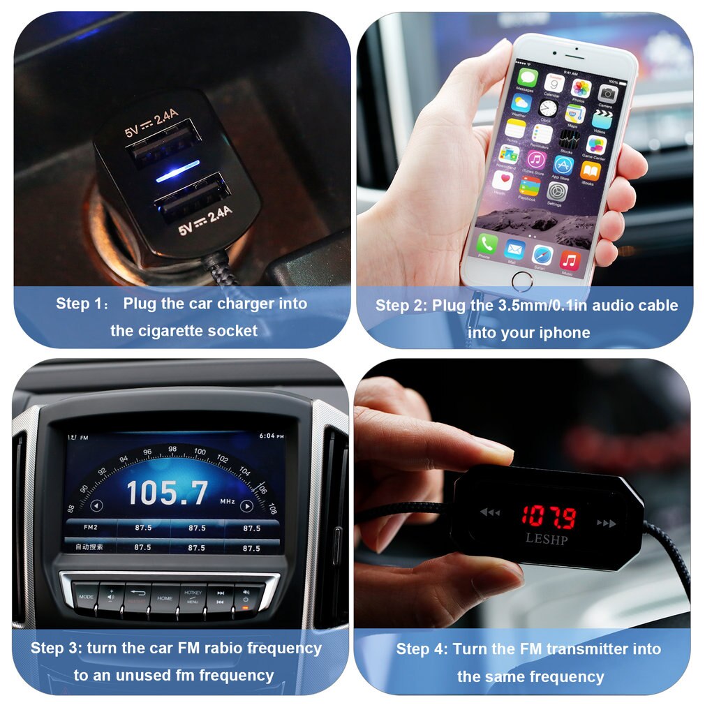 LESHP Wireless FM Transmitter Radio Car Kit for Smart Phones bundle with 3.5mm Audio Plug and Car Charger