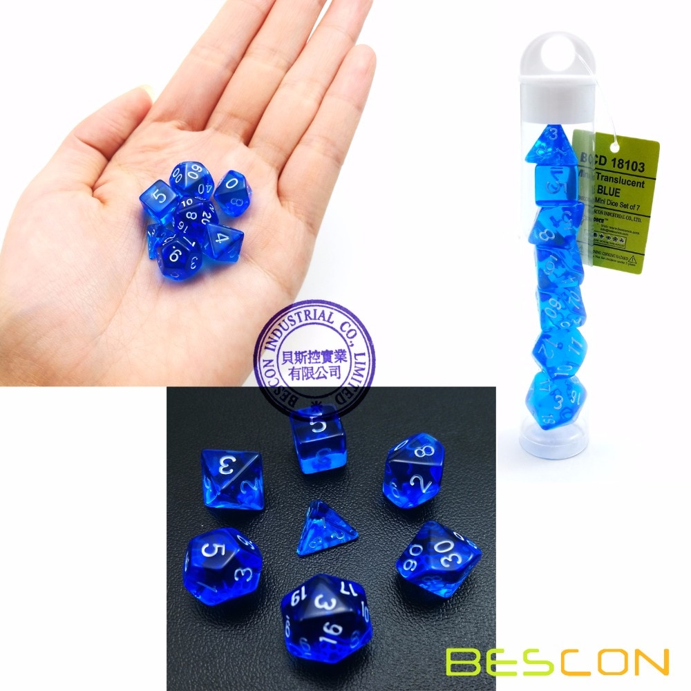 Bescon Mini Doorschijnende Polyhedral Rpg Dobbelstenen Set 10 Mm, kleine Rpg Rol Playing Game Dobbelstenen Set D4-D20 In Buis, Transparant Blauw