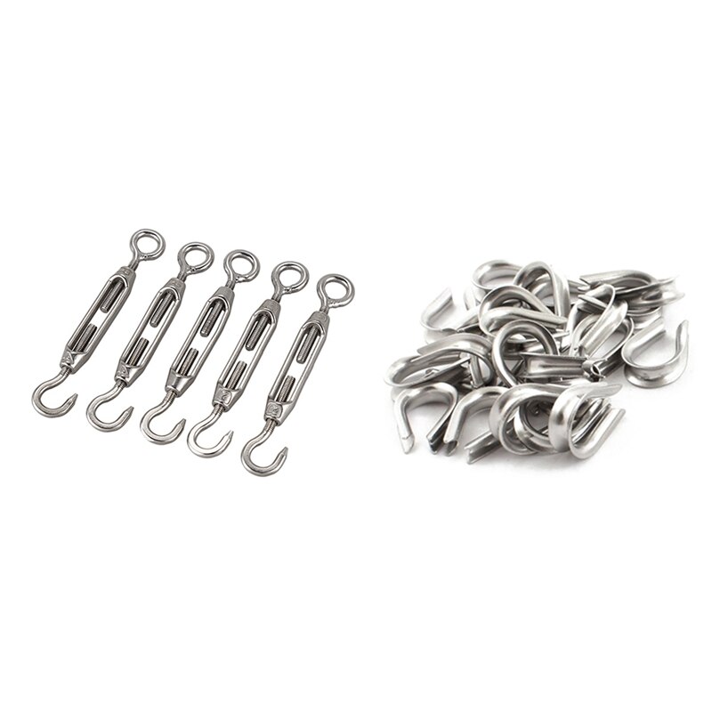25 Pcs 4Mm Wire Rope Cable Thimbles Silver & 5 Pcs Hook Eye Turnbuckle Wire Rope Tension