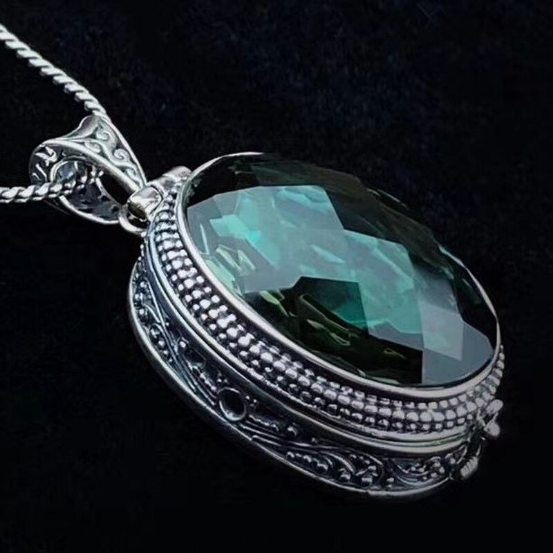 925 prata esterlina oval natural pedra preciosa esmeralda verde pingente de cristal charme do vintage jóias étnicas pode abrir e fechar