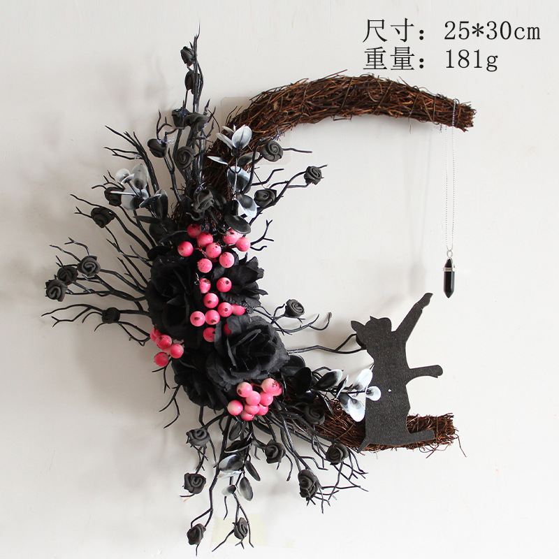 Halloween Maan Kat Slinger Deur Opknoping Decoratie Feestelijke Dode Tak Kitten Wijnstok Cirkel Sfeer Decoratie Deur Krans: LIGHT BLUE