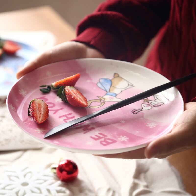 8 inch ceramic plate Christmas deer printed on glazed bone china cartoon round desserts round plates blue pink cutlery