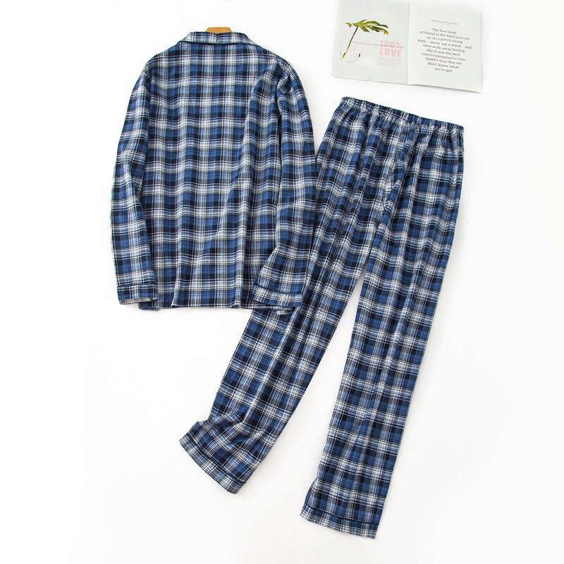 BZEL Long Sleeve Pajama Set Cotton Man Sleepwear Plaid Pyjamas Turn-down Collar Homewear Tops+Pants Pijama Men Sleep Lounge 2PCS