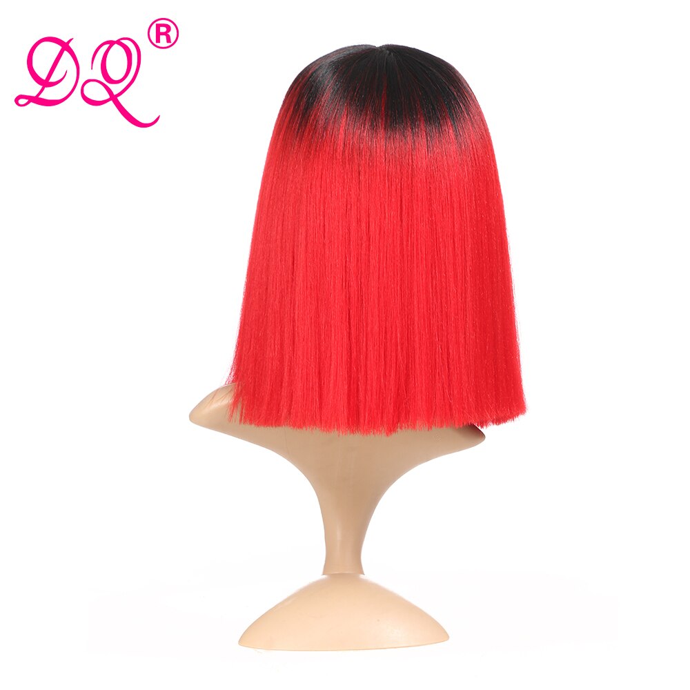 Dq Rechte Synthetische Lace Front Pruik Cosplay Pruik Korte Bob Pruik Ombre Zwart Rode Pruik Voor Vrouwen Midden Deel Warmte slip Fiber