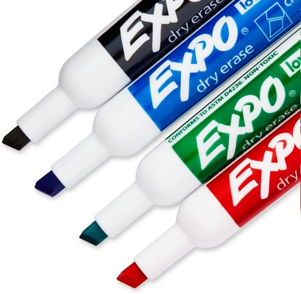 Expo low-odor chisel point dry erase marker set, for whiteboards, glass and most non-porous surfaces, 4 color markers,