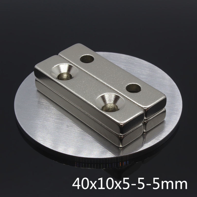 2 stks N35 Grote Super Sterke Blok magnetische Magneet 40x10x5mm Dubbele gat 5mm Zeldzame aarde Bulkndfeb Neodymium magneten