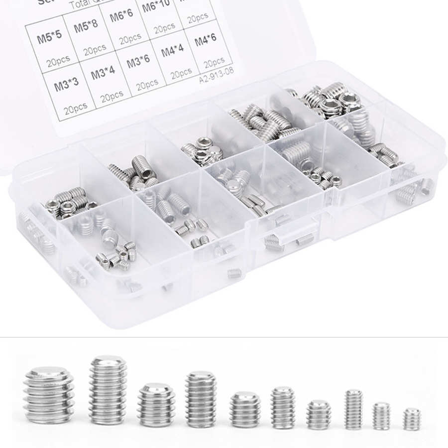 200pcs Stainless Steel Flat Point Hex Socket Grub Screw for Precise Instrument M3/M4/M5/M6/M8 Screw Set
