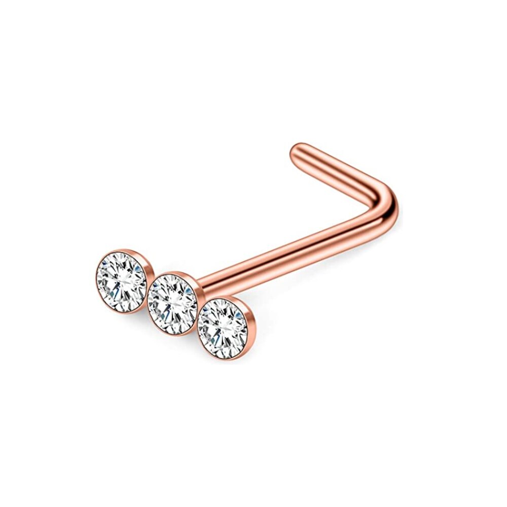 Piercing de acero quirúrgico, 3 piezas, 20G, Bola de Gema lineal Triple, Diamante redondo, CZ, para nariz, joyería en forma de L: 1PC A Rose g