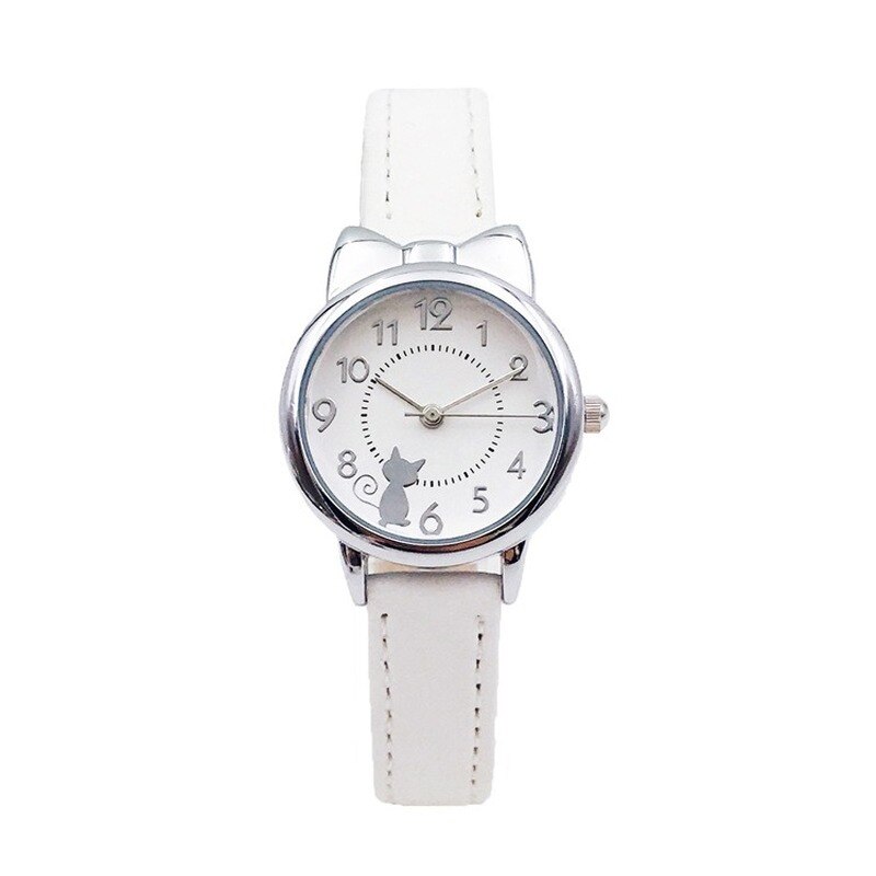 Leuke Casual Meisje Horloge Kids Leuke Lederen Band Cat Horloges Waterdicht Mooie Kid Kinderen Quartz Student Polshorloge: white
