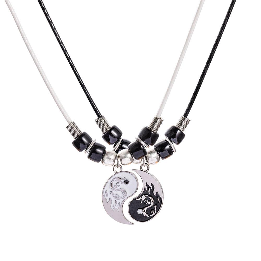 2/4 Uds Tai Chi Yin Yang pareja pulseras collares conjunto colgante pulsera de cadena trenzada ajustable pulseras de amante a juego gargantilla: Rojo-marrón