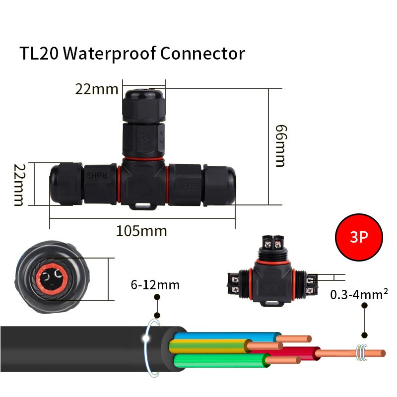 IP68 Waterproof Connector 2/3/4/5 Pin Electrical Terminal Adapter Wire Connector Screw Pin connector LEDLight Outdoor Connection: TL20-3p