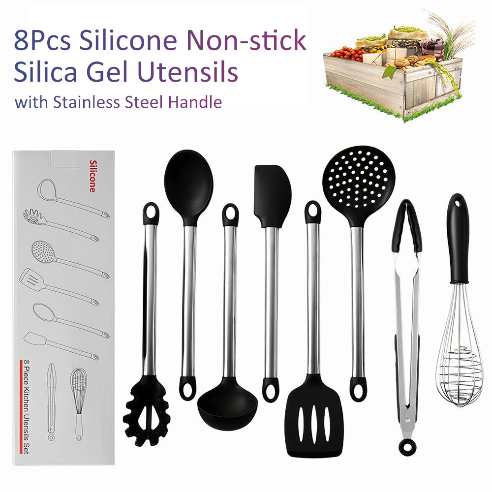 8pcs Kitchen Utensil Sets Stainless Steel Silicone Tong Spoon Spatula Whisk Strainer Cooking Tools Gadgets with Storage Bucket