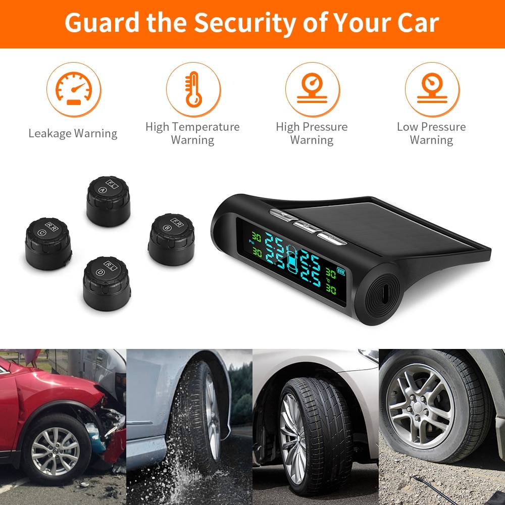 Solar Charging Car TPMS Tire Pressure Monitoring System HD Digital LCD Display Auto Alarms Wireless With 4 External Sensors TPMS