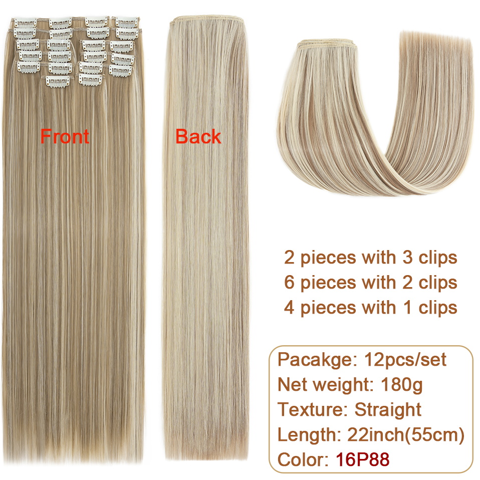 BENEHAIR 180g Straight Clip in hair extensions 22" 12PCS Hair Extensions for Women Full Head Heat Resistant Synthetic Hairpiece: P1B/30