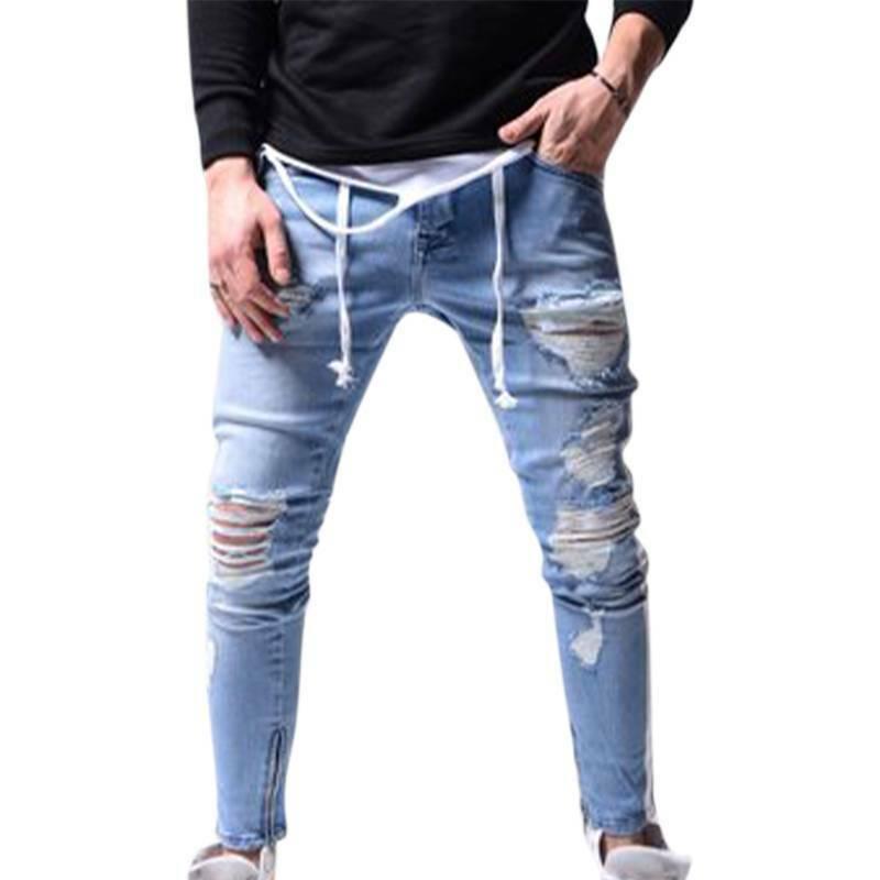Hommes déchiré pantalon jean coupe mince Denim pantalons longs poche trous décontracté été hommes jean: light blue / XXL