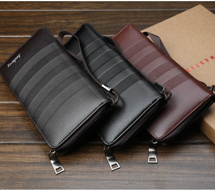 Heren lange portemonnee met meerdere clips van pu-leer met rits, telefoontasje van vintage casual, grote capaciteit portemonnee