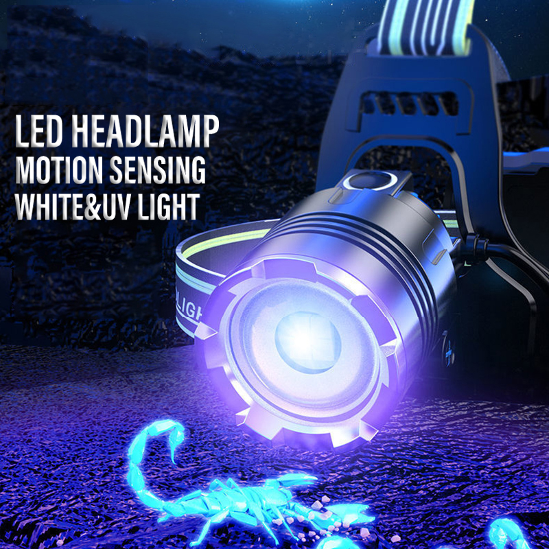 E2 hvide + uv-lys pandelampe bevægelsessensor led dobbelt lys usb genopladelig udendørs pandelampe campinglommelygte vandtæt zoom