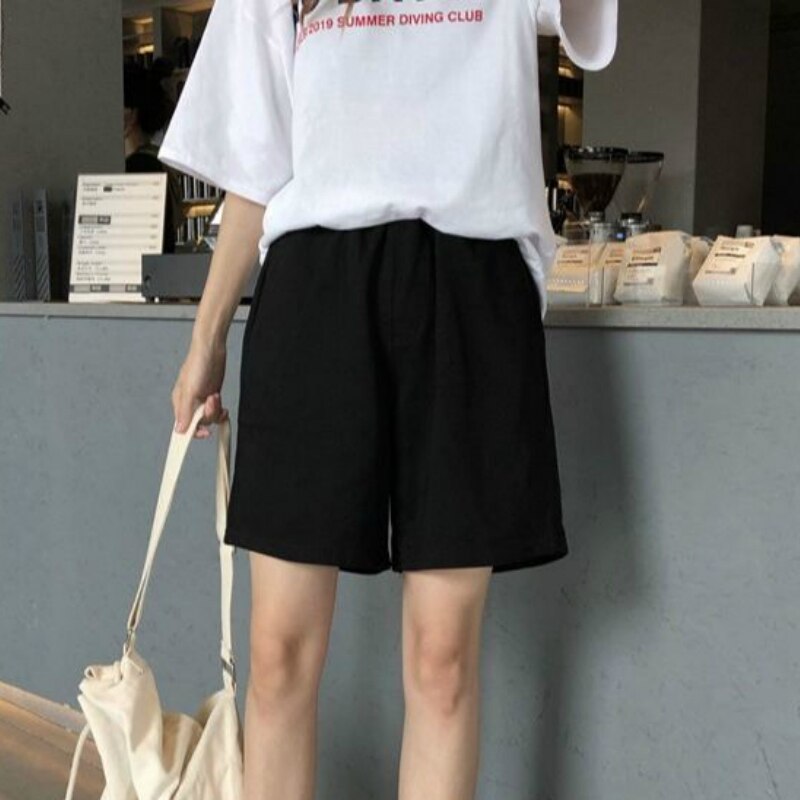 Pantalones cortos de verano para mujer, negros, hasta la rodilla, holgados, de pierna ancha, ropa de calle BF, Unisex, esbelto, estilo coreano, simples y Chic para estudiantes