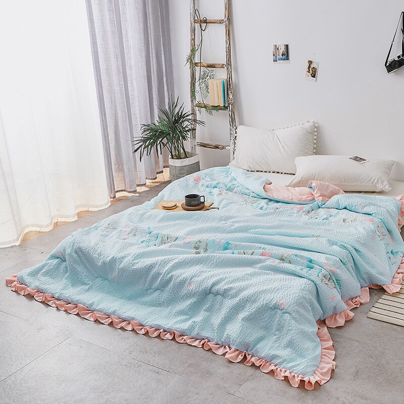 Zomerbeddengoed seersucker zomer koele quilt lotusblad rand reactieve print gewatteerde airconditioner quilt kleine frisse stijl