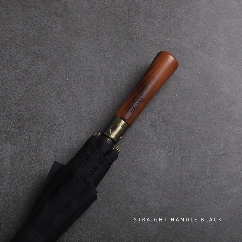 Parachase Big Umbrella Men Women Rain Double Layer Windproof 8 Ribs Wood Long Handle Umbrella Automatic Strong Guarda Chuva: Black-Straight