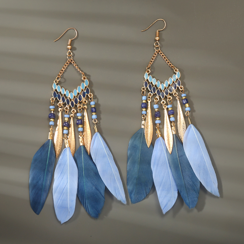 Pendientes bohemios largos de plumas colgantes para Mujer, Pendientes largos de playa con borlas, Pendientes esmaltados de flores hechos a mano, Pendientes de boda para novia para Mujer