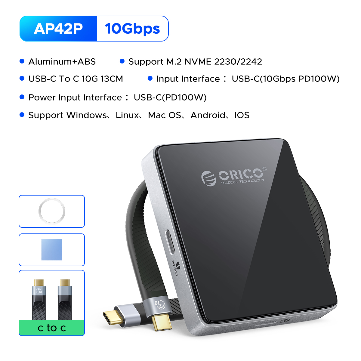 Orico magnetic 2230 2242 m.2 ssd enclosure 10 gbps type-c  m2 pcie nvme ssd enclosure tf  pd 100 w external adapter for iphone: Gold
