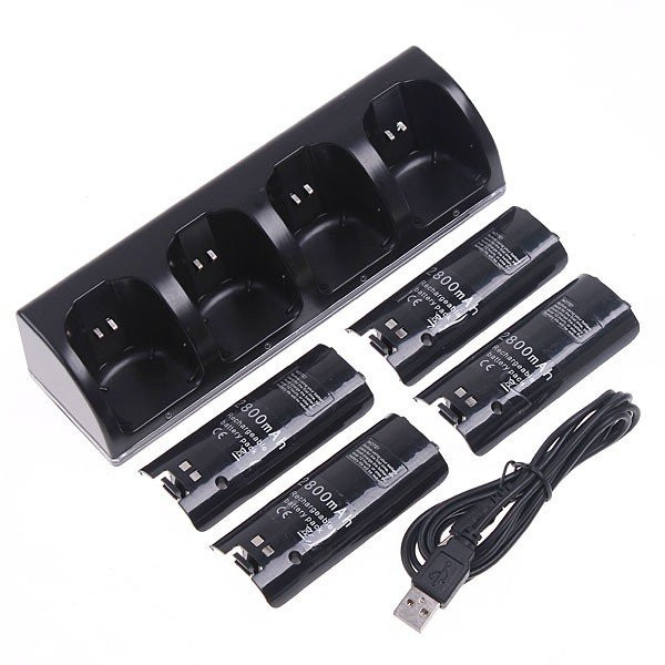 Black Charger Dock Station 4 Batterij Packs voor Nintendo Wii Afstandsbediening