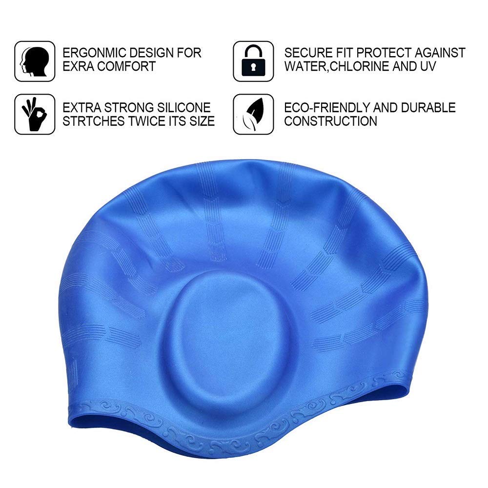 Swimming Caps 2 Pack Silicone Swim Cap No-Slip Long Hair Unisex Pool Hat with Ear Cover Protect for Men Women Adult Kids Youths
