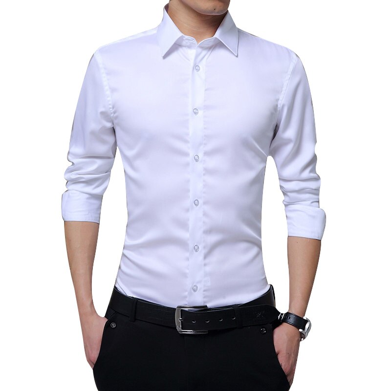 Newly Men Long Sleeve Shirts Slim Fit Solid Business Formal Shirts for Autumn BF88: S / White