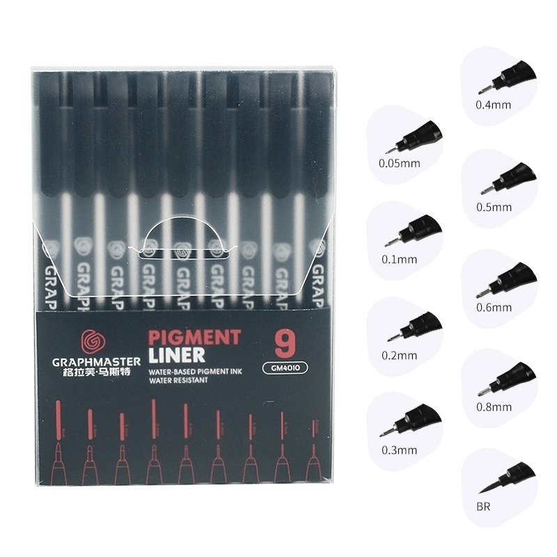9 Different Tip Pigment Liner Pens Graphmaster Water Resistance Fine Point Art Brush Marker Drawing Sketch School H6204