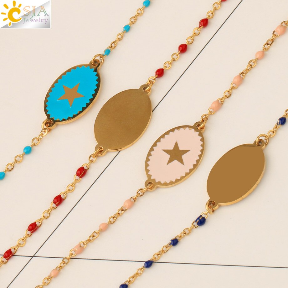 CSJA, pulsera de acero inoxidable para mujer, colgante de estrella esmaltada, cadena de eslabones de Color dorado con cuentas, delicado Delgado, pulseras Inoxydable Acier S718