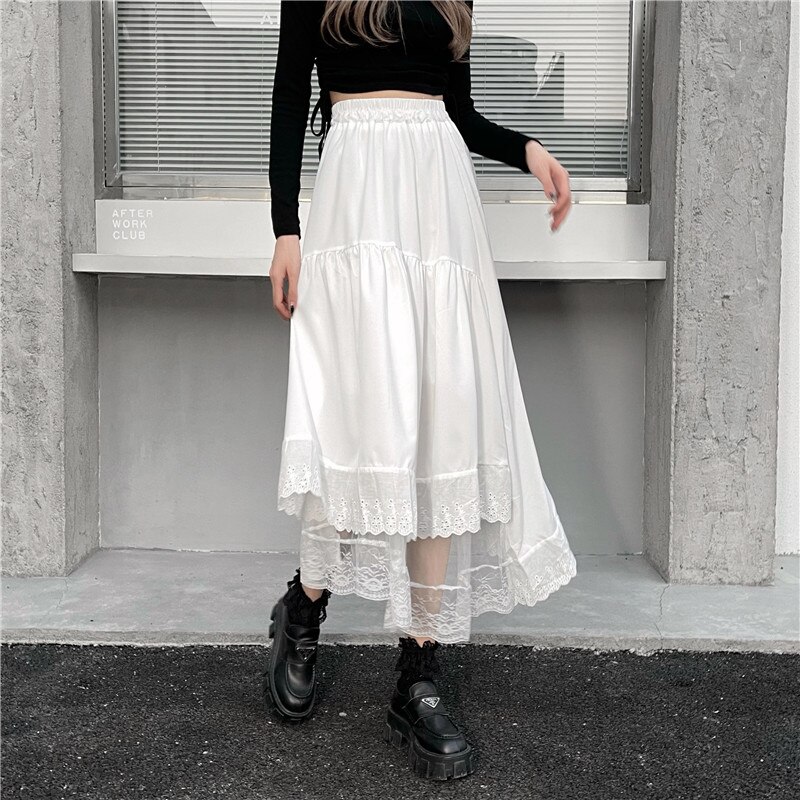 Jupe longue plissée noire et blanche pour femmes, Streetwear, couleur unie, décontractée, ample, élastique, taille haute, volants, doux: White / XL