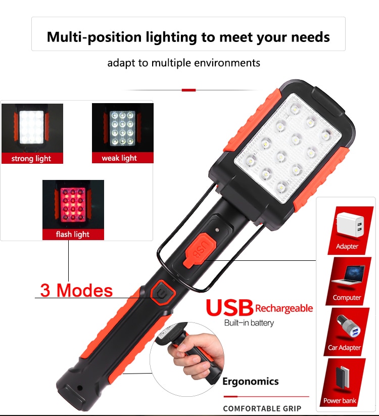 Potente luz de trabajo LED linterna magnética lámpara de Trabajo Portátil linterna de gancho USB recargable de reparación automática luz de trabajo impermeable