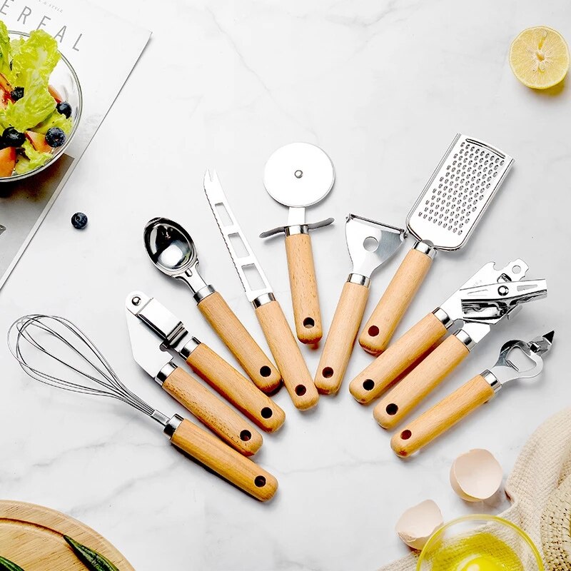 9 stücke Küchen helfer & Küchen werkzeug Geschenkset Küchengeräte und Gerät einstellen Edelstahl Utensilien einstellen mit Holzgriff