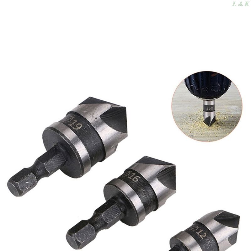 3pcs/set 90 Degree 1/4 Hex Drill Rod 5 Flute 12mm 16mm 19mm Wood Debur Counter
