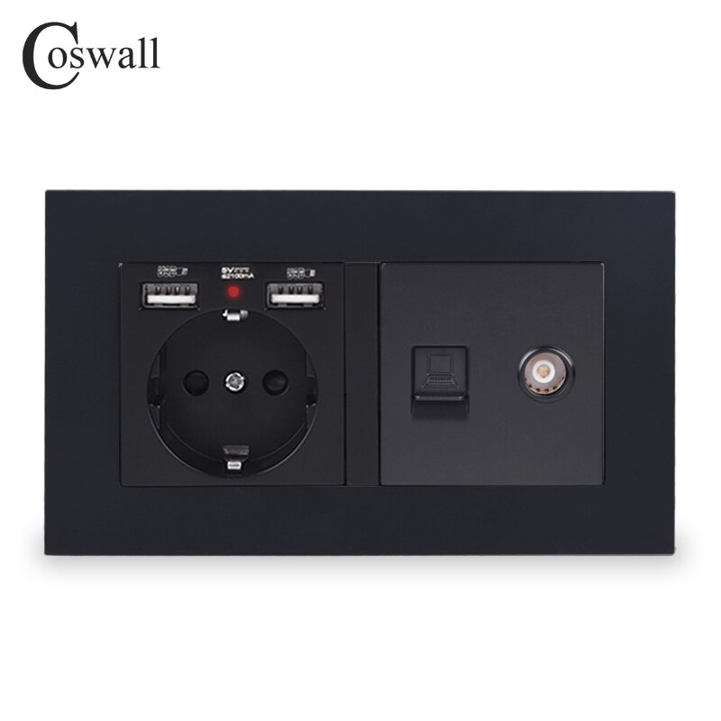 COSWALL EU Wall Socket Grounded With 2 USB Charge Port Hidden Soft Backlight + Female TV & CAT5E RJ45 Internet Outlet PC Panel: Black