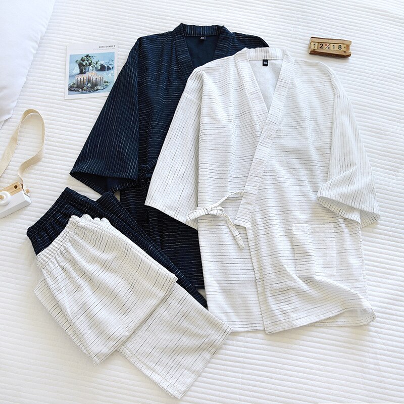 Spring/Summer Men's Kimono Suit Jacquard Cotton Japanese Striped Trousers Breathable Simple Two-piece Suit Pijamas De Verano