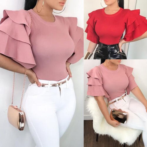 Womens Short Sleeve Blouse Peplum Summer Tops Ladies Long Office Shirts Plus Size Ruffle Blouse Femme