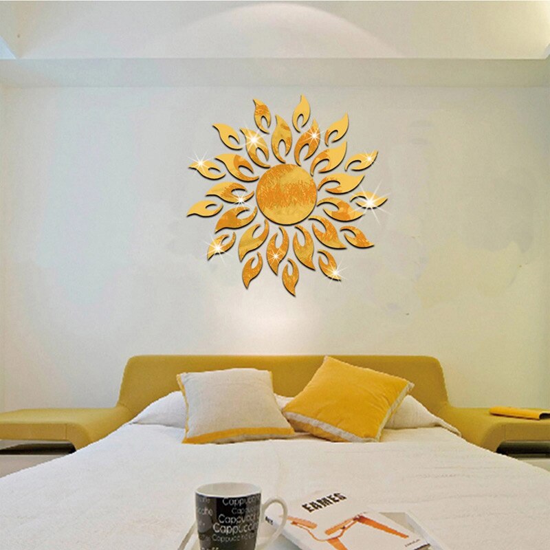 15.5CM Golden Sun DIY Mirror Wall Sticker Modern Home Decal Room Decoration for Bedroom Wallpaper Art Sticker