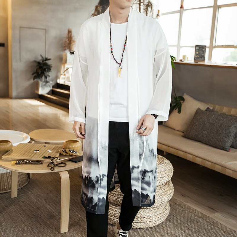 sommer Chinesischen Stil Langes Kleid Traditionellen Kleidung Strickjacke Hanfu Männer Eis Seide Windbreaker Plus Größe Mantel Jacke Männlich