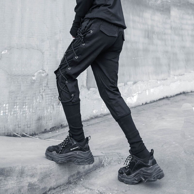 Pantalones de harén para hombre, ropa de calle gótica, Punk, Hip Hop, ajustados, con cordón