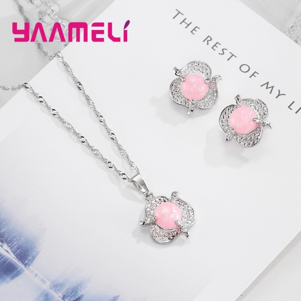 925 Sterling Silver Two Colors Opal Stone Pendant Necklace Earrings Jewelry Sets For Women Ladies Clear Cubic Zirconia