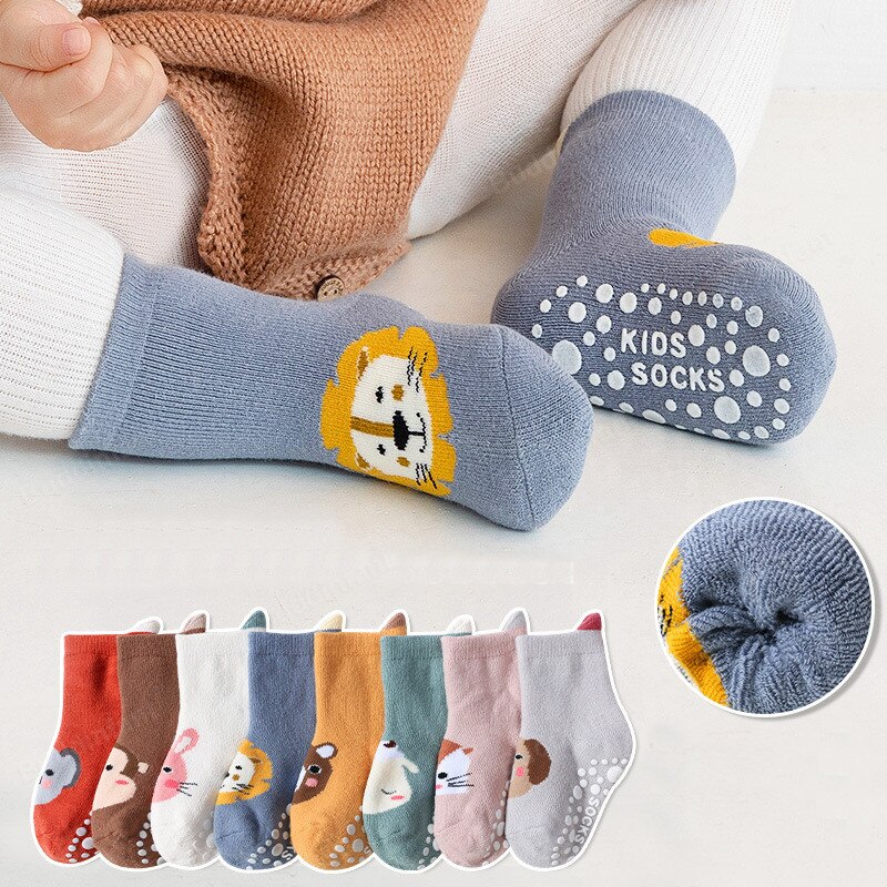 Kids Socks Baby Boy Winter Warm Socks Anti-slip Cartoon Animals Cotton Terry Thicken Socks Floor Home Rubber Sole Lion Fox Bear