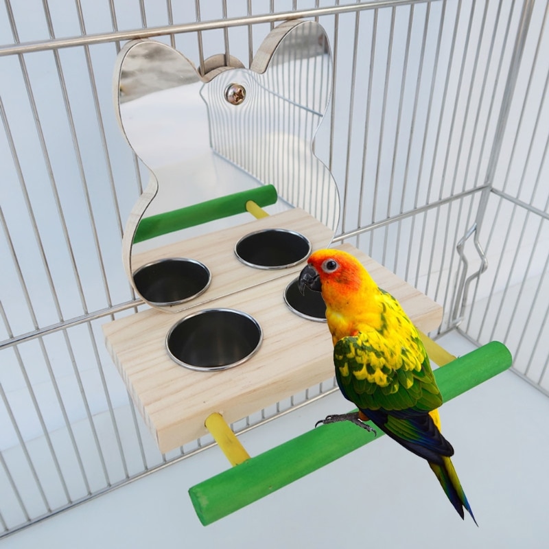Parrot Mirror Toy with Stainless Steel Feeding Cup... Grandado