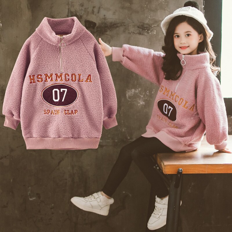 Tonårsbarn fleecetröja höst vinterw tryck dragkedja huvtröja tjock avslappnad sweatshirt för flickor toppar barn 8 y barnkläder: Rosa / 3t